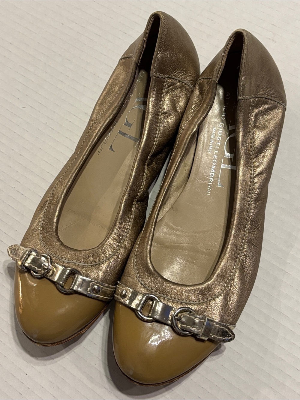 AGL Bronze Leather Ballet Flats, Patent Leather Cap Toe, Buckle size 37.5 | 7